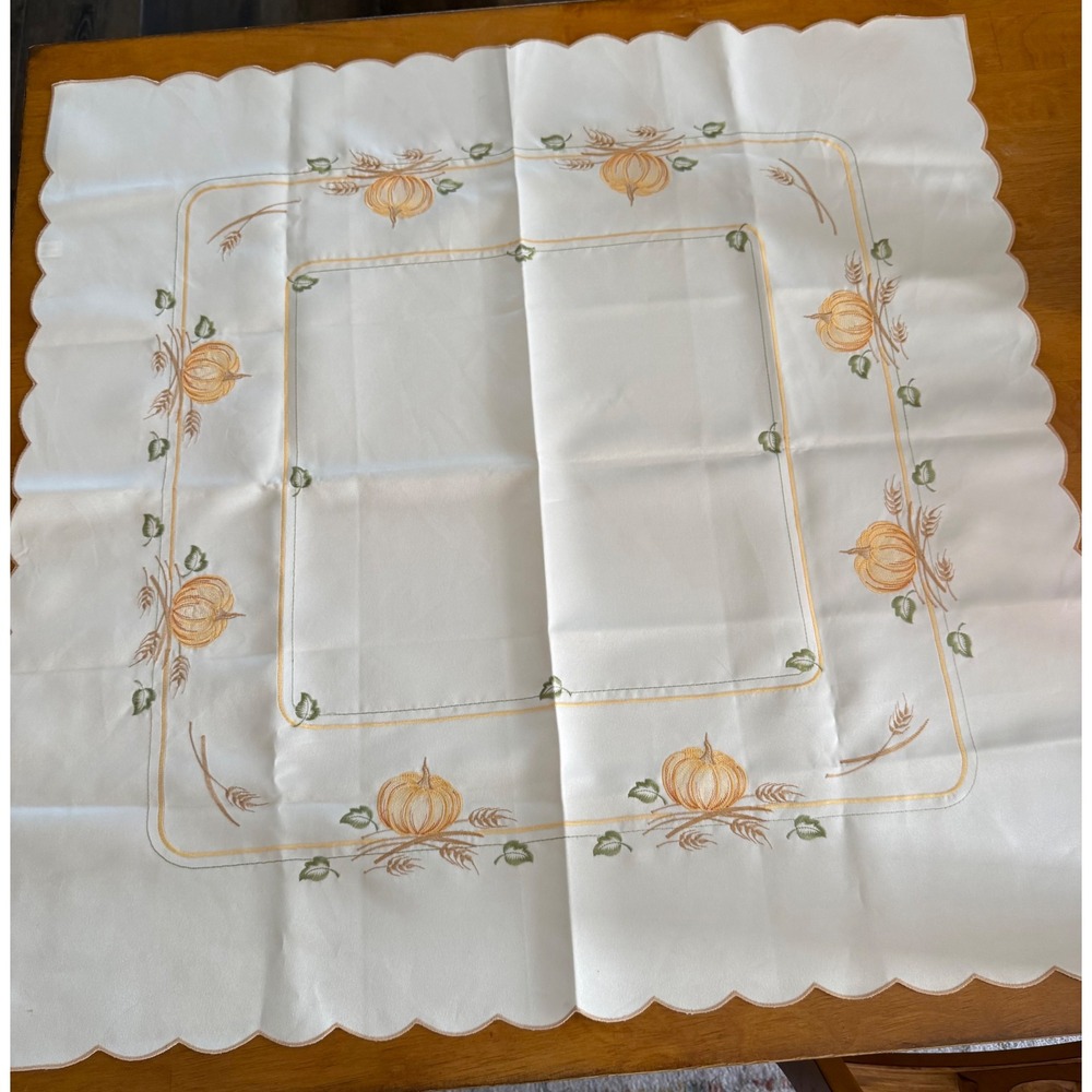 White Square Pumpkin Embroidered Tablecloth Scalloped Edge Harvest Fall Decor